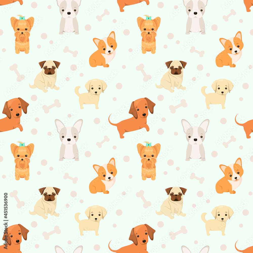 Seamless pattern with cute dogs. Funny animals in a cartoon design.