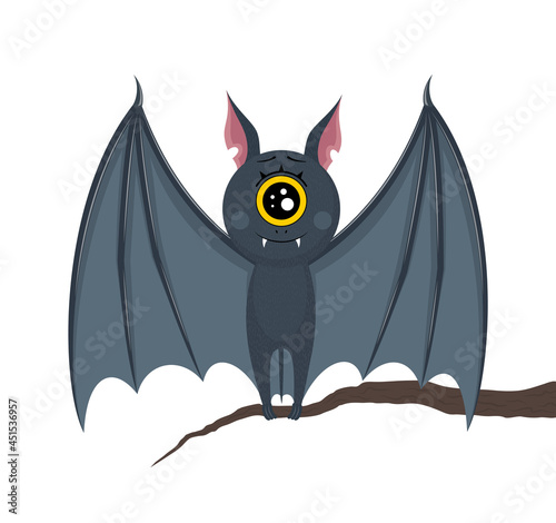 The bat is sitting on a branch. Smiles