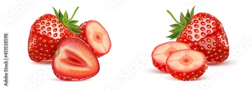 Strawberry fruits set with strawberries slice of pieces element in the middle on white background. Realistic vector in 3D illustration.