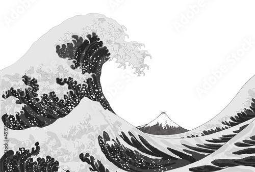 Big wave. no background, Ukiyo-e style, Ukiyoe, Fuji Mountain, sea, wave, mountain, vector illustration, copy space, Katsushika Hokusai, New Year's card, graphic, monochrome
