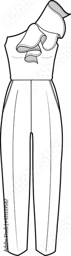 one shoulder cocktail Jumpsuit fashion flat sketch vector illustration