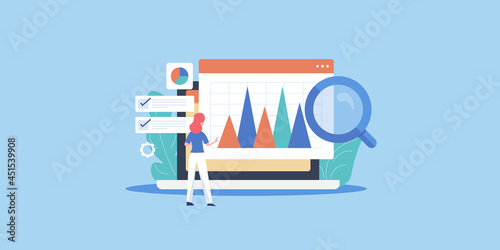 Businesswoman checking seo campaign report on laptop screen. Woman in online business, working at office concept. SEO audit report and digital marketing data analytics dashboard.