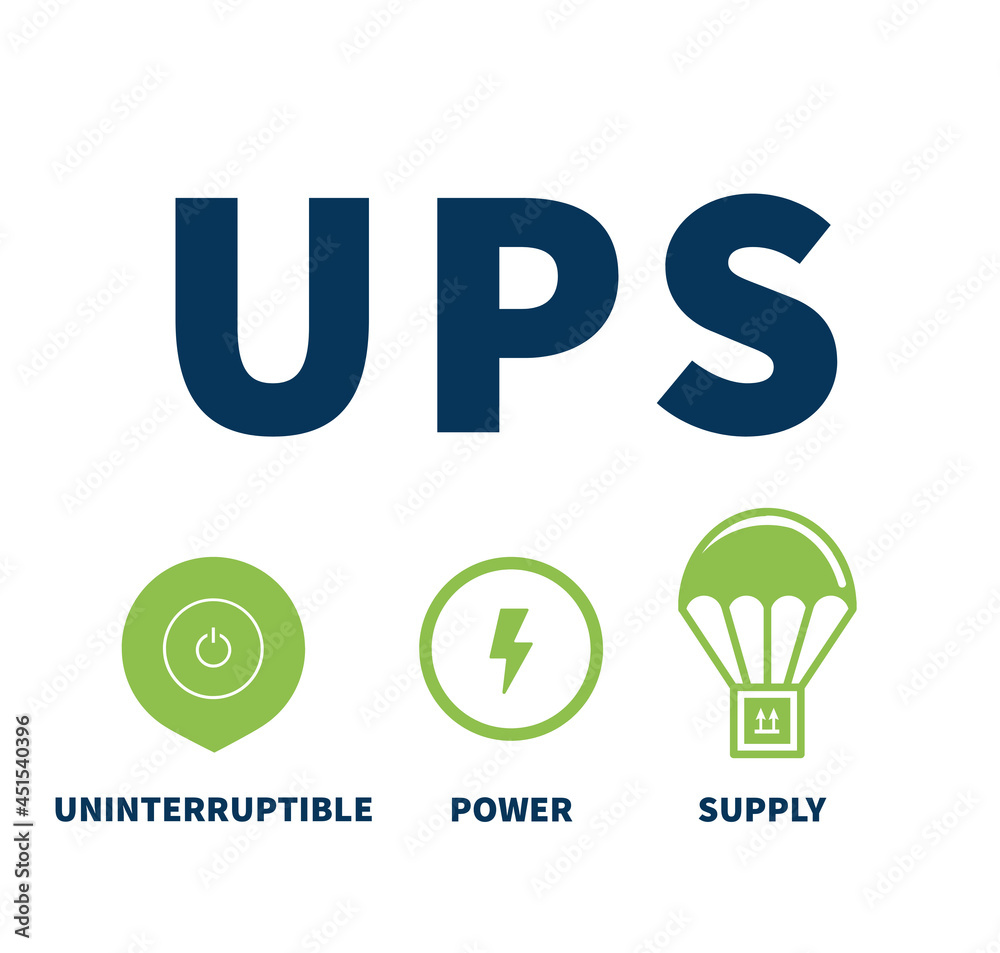 UPS Uninterruptible Power Supply with simple icon and keywords on white background.