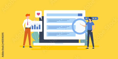 Digital marketing team working on seo campaign, social media promotion and business data analysis. Office man and woman analysing report diagram concept. Flat design illustration banner.