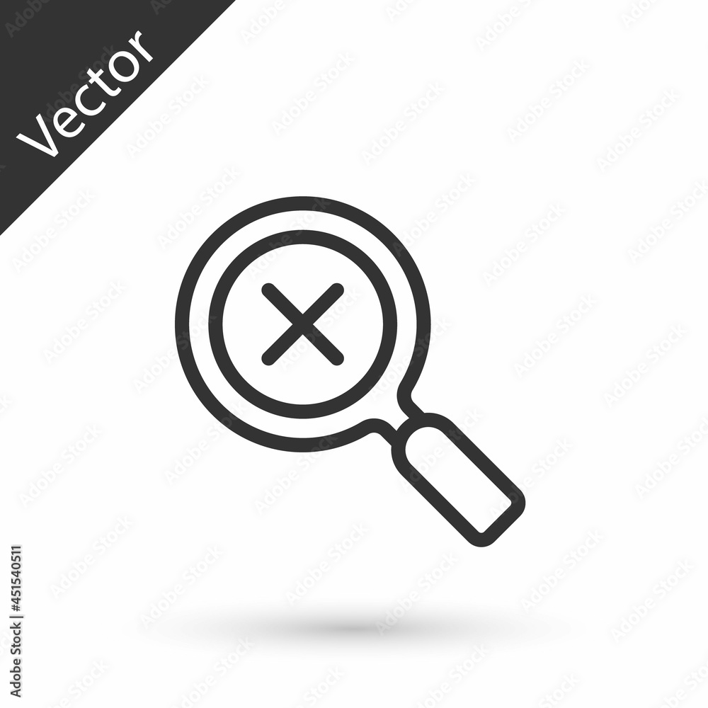 Grey line Magnifying glass and delete icon isolated on white background. Search, focus, zoom, business symbol. Vector Grey line Magnifying glass and delete icon isolated on white background. Search, focus, zoom, business symbol. Vector