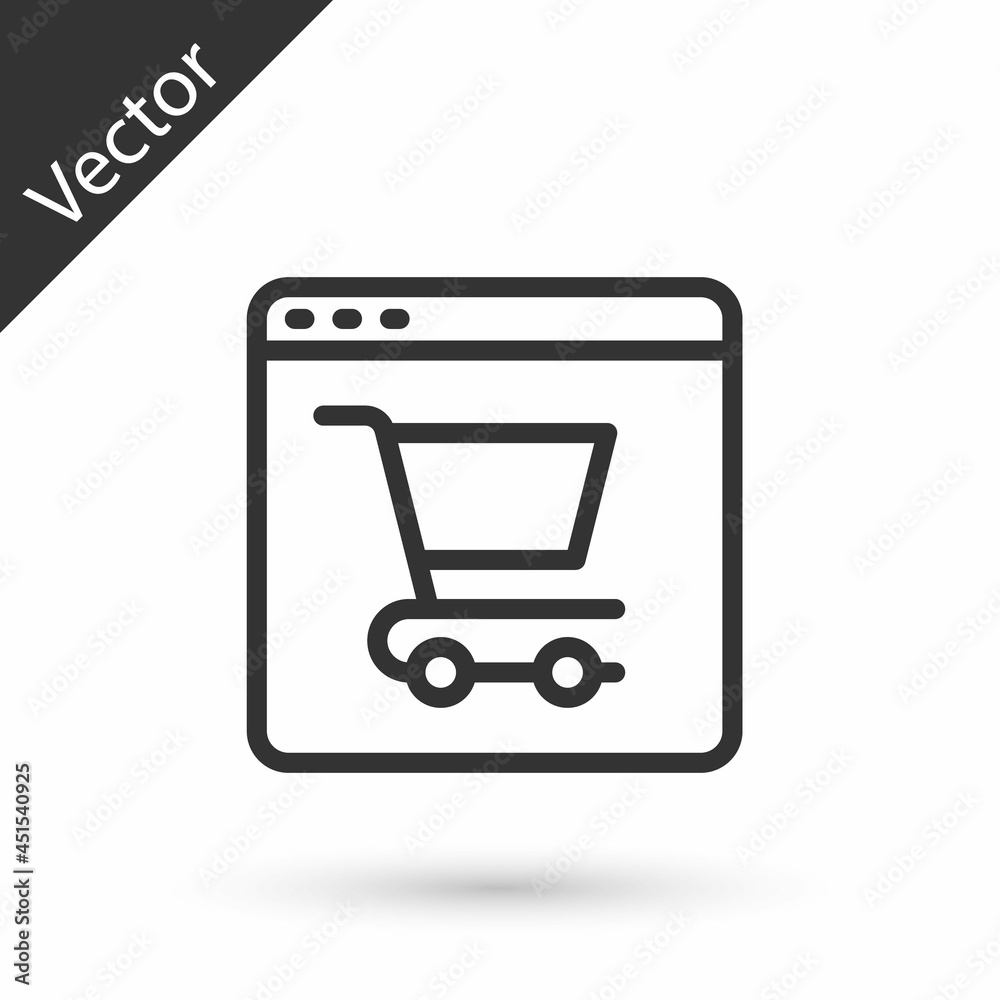 Grey line Online shopping on screen icon isolated on white background. Concept e-commerce, e-business, online business marketing. Vector Grey line Online shopping on screen icon isolated on white background. Concept e-commerce, e-business, online business marketing. Vector