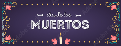 Dia de los muertos background. Horizontal banner with candle offering and floral decorative ornament. Mexican national holiday Day of the dead. Vector hand drawn illustration in flat style.
