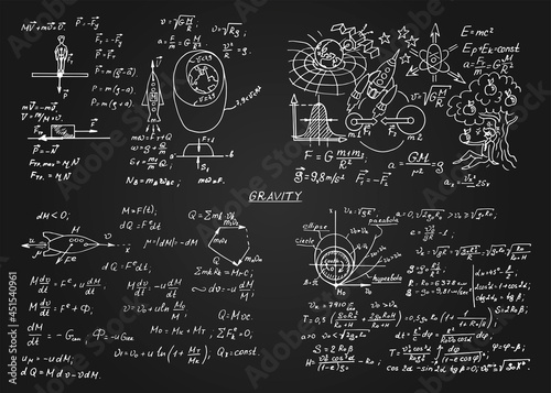 The law of force of gravity. Physical equations, formulas and schemes on chalkboard. Vector hand-drawn illustration. Vintage scientific and educational background.