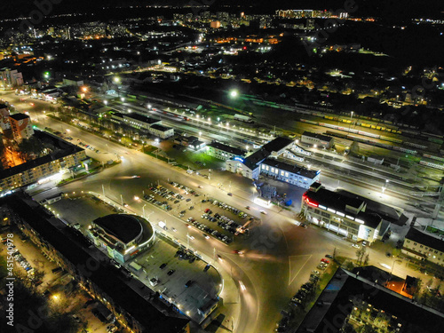 Aerial view of the station square at night (Kirov, Russia)