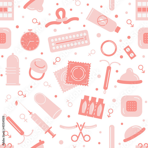 Birth control methods. Contraception colored flat icons in circle. Set of vector elements for safe sex. Female and male contraceptive items. Vector flat style illustration.