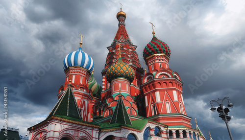 Saint Basil orthodox church on Red Square under dramatic cloudy sky