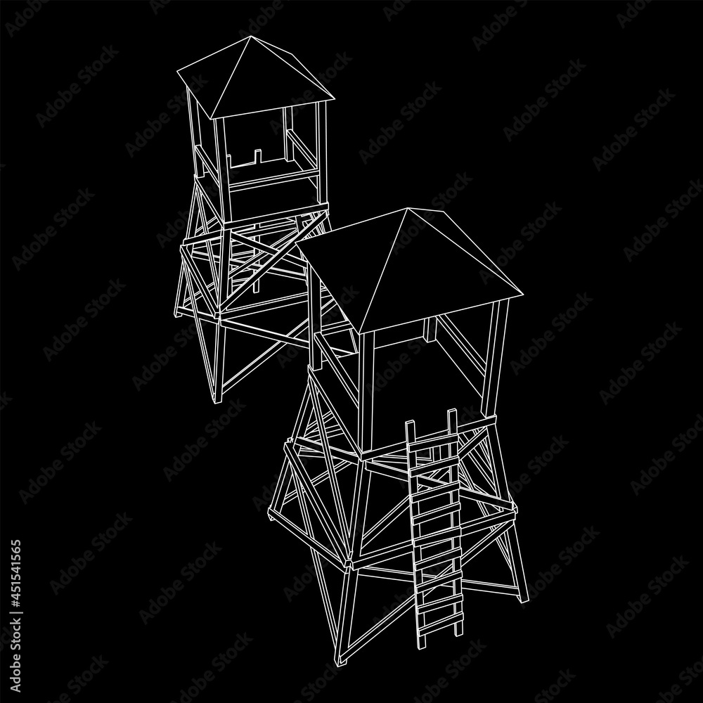 Watchtower or observation tower for hunters. Wireframe low poly mesh vector illustration. Watchtower or observation tower for hunters. Wireframe low poly mesh vector illustration.