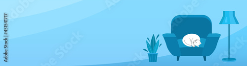 Cute cat sleeps on the chair in room. Blue banner of cozy home. Wide blue banner with copy space.