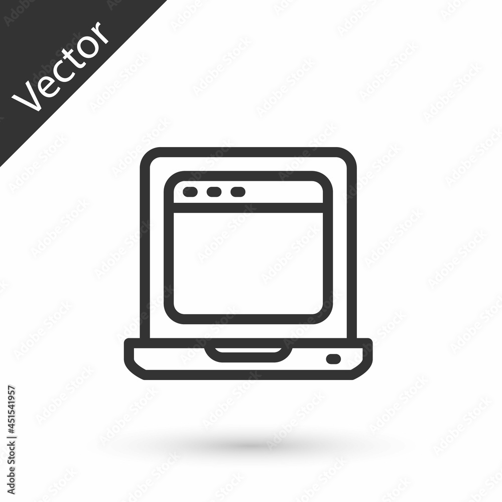 Grey line Laptop with browser window icon isolated on white background. Computer notebook with empty screen sign. Vector Grey line Laptop with browser window icon isolated on white background. Computer notebook with empty screen sign. Vector