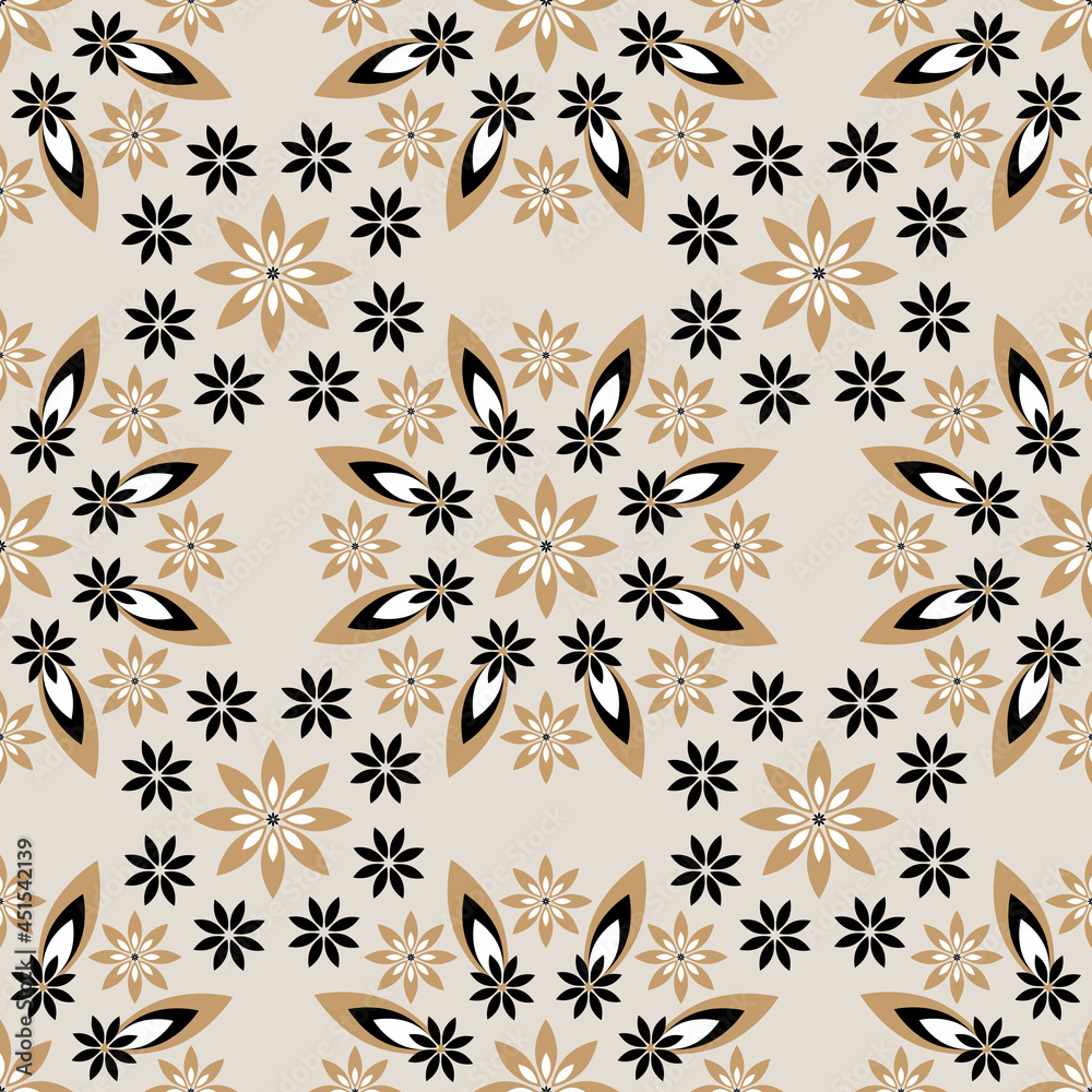 Fototapeta premium Floral geometric pattern with intersection of beige, white, black flowers in a simple shape. Stylish fractal texture. Vector drawing to fill the background, laser engraving and cutting, ceramic tiles