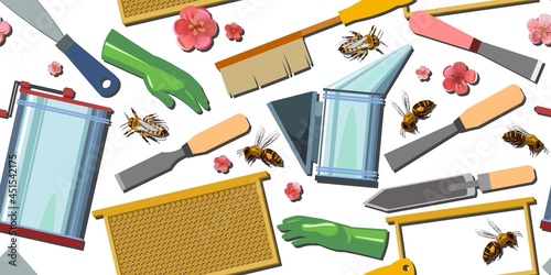 Beekeeping equipment. Horizontal seamless pattern. Honey extractor and smoker. Stamens, knives and brushes. Frame without wax and honeycomb. Gloves, bees and honey flowers. Isolated Background Vector