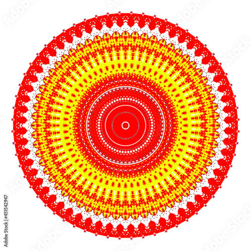 Creative red yellow squares round symbol. Abstract symmetrical logo. Mosaic colorful beautiful squares. Circle modern squares floral art icon. Colored pattern ornament wheel decorative illustration.