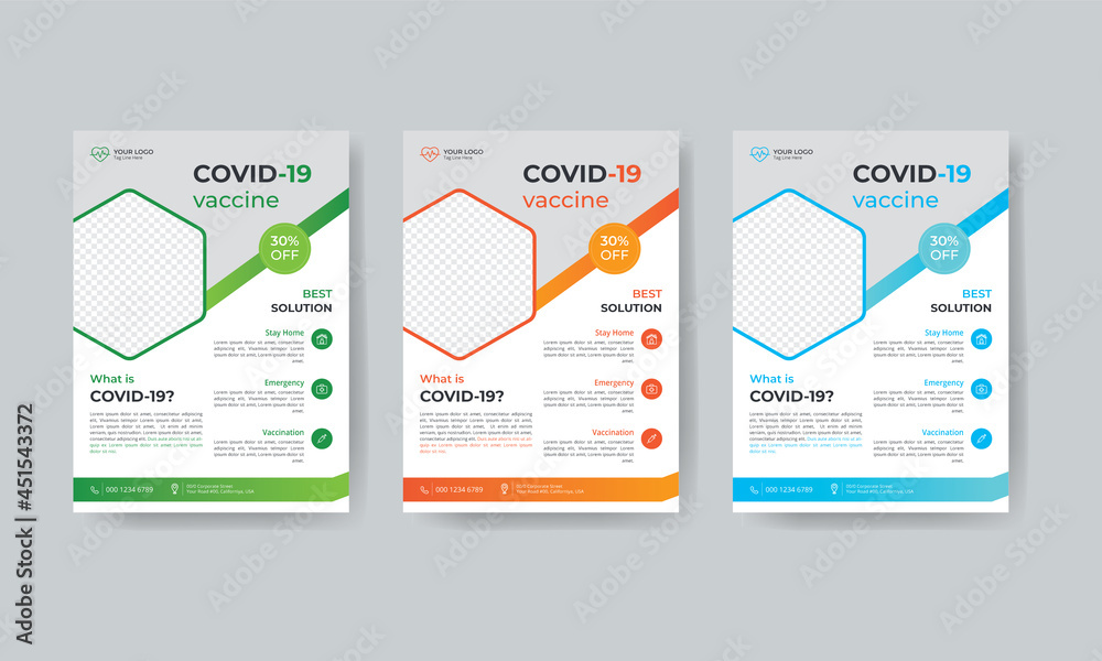 Covid-19 vaccination flyer template with 3 color