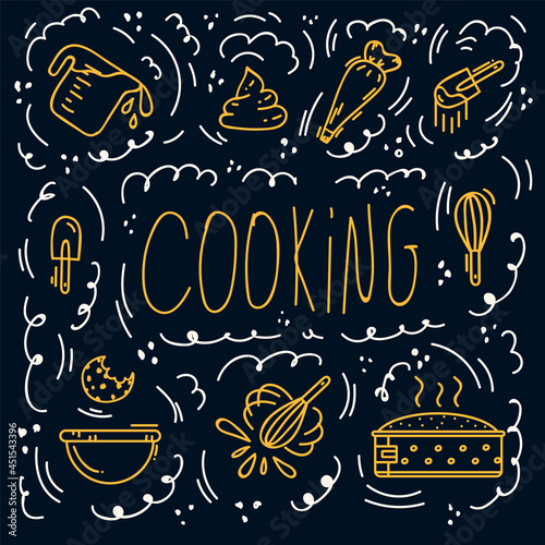 A pattern with baking ingredients. Pattern for baking dough, cookies, sponge cake. Mixers, spatulas, spoons, flour, bowl, cream, pie. Linear vector doodle background for baking textiles. . Vector illu