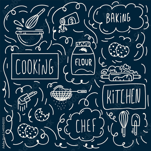 Background Baking of confectionery products and ingredients. A pattern for kitchen textiles with cooking  kitchen utensils and food. Vector illustration