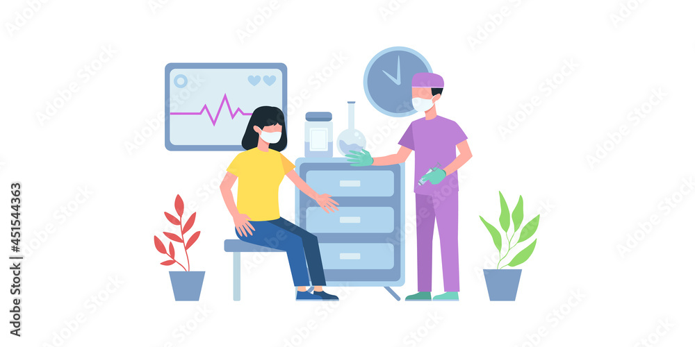 Coronavirus vaccination. Pediatrician, medical healthcare. Vaccine polio and flu for adult. Medication and health protection vector concept. Pediatrician vaccination, doctor healthcare illustration