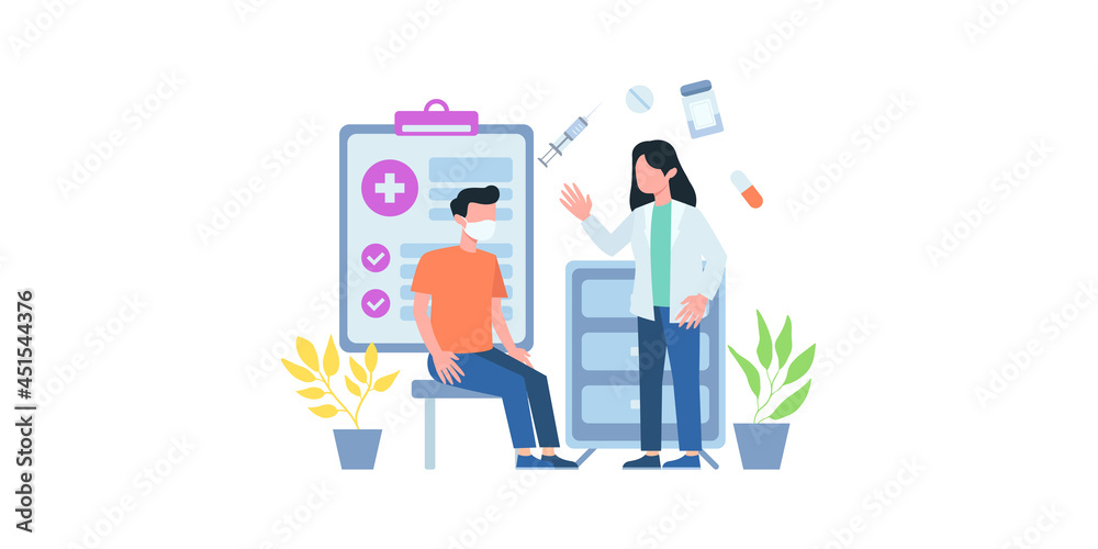 Obraz premium Coronavirus vaccination, doctor injecting a patient, getting first shot of covid vaccine in arm muscle. Medical doctor in protective suit and mask, process of immunization against covid-19, vector