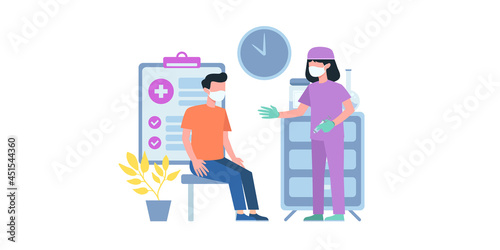 Coronavirus vaccination. Pediatrician, medical healthcare. Vaccine polio and flu for adult. Medication and health protection vector concept. Pediatrician vaccination, doctor healthcare illustration