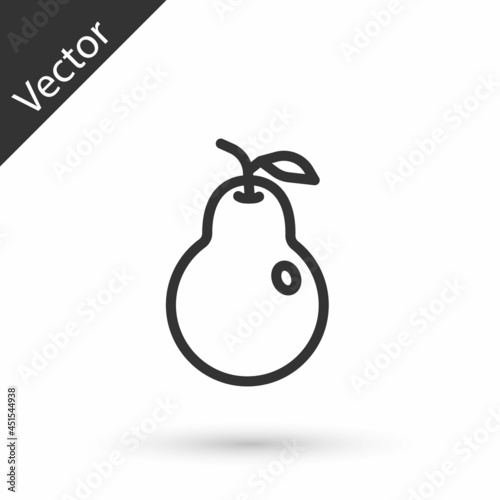 Grey line Pear icon isolated on white background. Fruit with leaf symbol. Vector