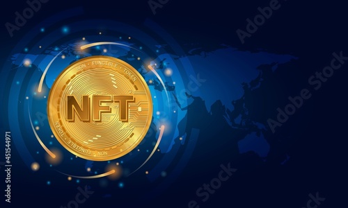 Non-fungible token (NFT) concept.Abstract futuristic blue technology background.