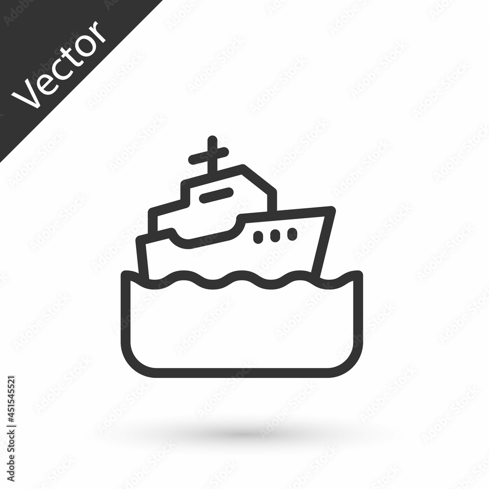 Grey line Cruise ship icon isolated on white background. Travel tourism nautical transport. Voyage passenger ship, cruise liner. Worldwide cruise. Vector Grey line Cruise ship icon isolated on white background. Travel tourism nautical transport. Voyage passenger ship, cruise liner. Worldwide cruise. Vector