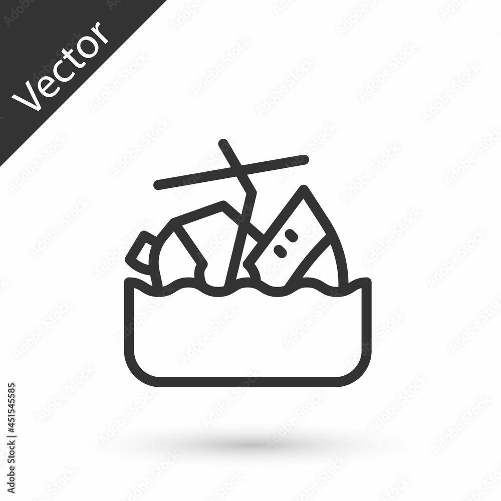 Grey line Sinking cruise ship icon isolated on white background. Travel tourism nautical transport. Voyage passenger ship, cruise liner. Vector Grey line Sinking cruise ship icon isolated on white background. Travel tourism nautical transport. Voyage passenger ship, cruise liner. Vector