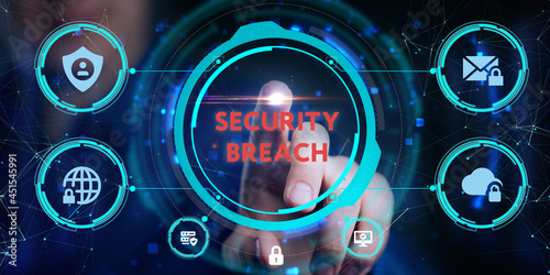 Cyber security data protection business technology privacy concept. Young businessman  select the icon Security breach on the virtual display.
