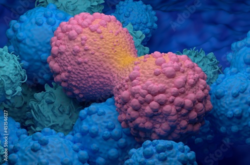 Dividing breast cancer cell closeup view 3d illustration