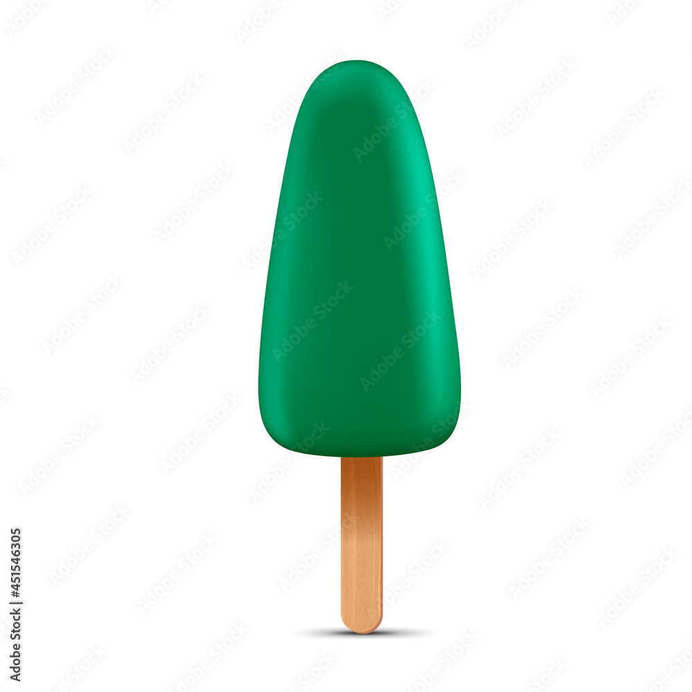 Green ice cream with popsicle stick. Realistic vector illustration isolated on white background. Green ice cream with popsicle stick. Realistic vector illustration isolated on white background.