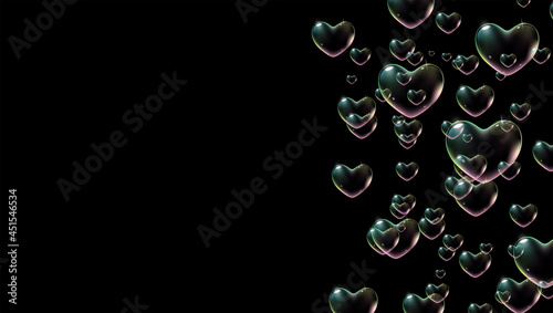 Black background with rainbow colored heart-shaped soap bubbles for Valentine card. Vector