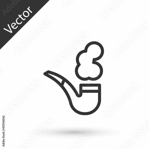 Grey line Smoking pipe with smoke icon isolated on white background. Tobacco pipe. Vector