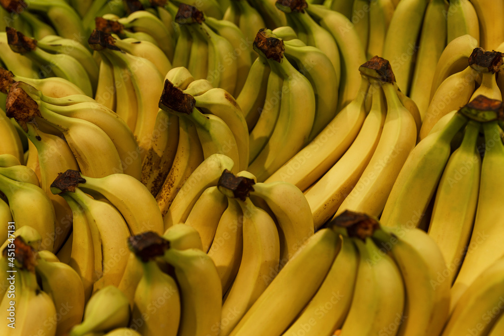 There are many bananas on the market counter. Vitamins and healthy food. Close-up.