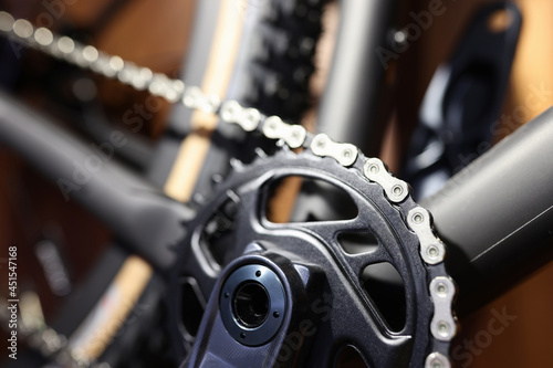 Mountain black bike pedal and chain view
