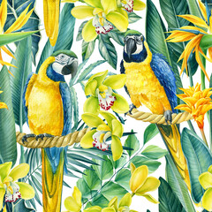 Handdoek met foto Papegaai patronen Ara papegaaien tussen orchideeën jungle  © Hanna