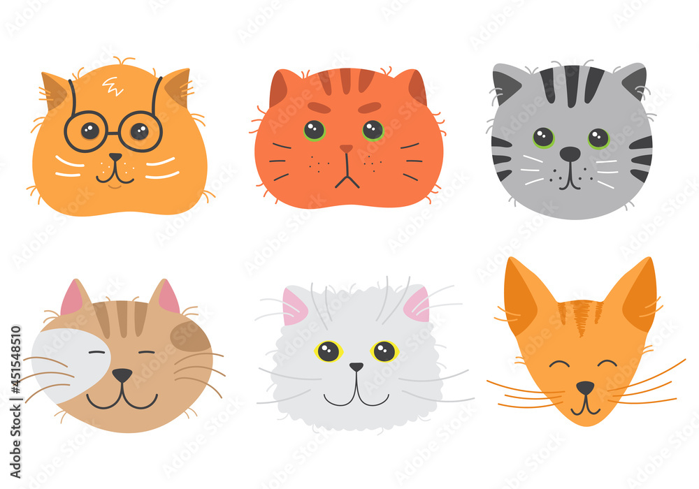Cute cats heads showing various emotions. Adorable doodle kitties with different face expression. Hand drawn vector illustration of childish pet characters
