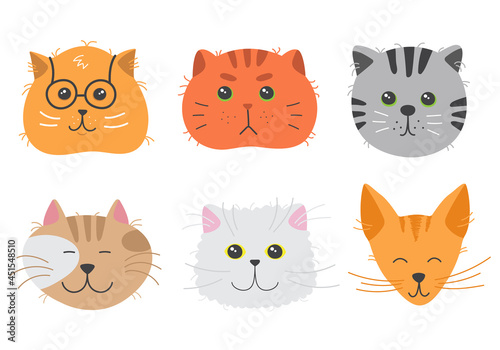 Cute cats heads showing various emotions. Adorable doodle kitties with different face expression. Hand drawn vector illustration of childish pet characters