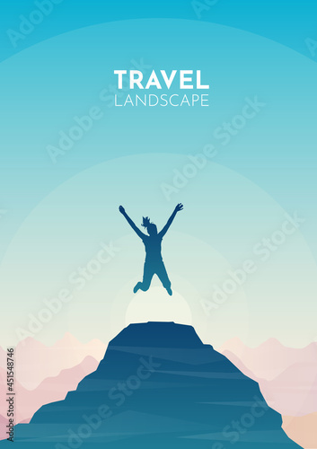 Girl jumping on top of the mountain. Travel concept of discovering, exploring and observing nature. Hiking tourism. Adventure. Minimalist graphic flyers. Polygonal flat design. Vector illustration. © Yurii