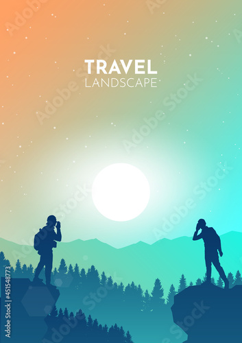 Man stands on top of a mountain yelling. Man hears a cry. Collaboration. Travel concept of discovering, exploring and observing nature. Hiking tourism. Adventure. Minimalist graphic flyers. Vector