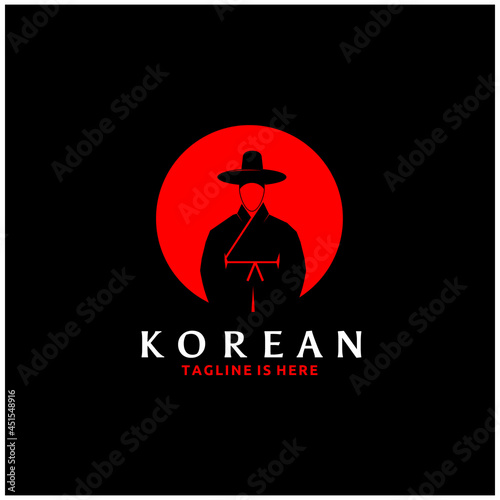 Simple Traditional Korean Dress Hat Logo Design Isolated on Red Sun Background