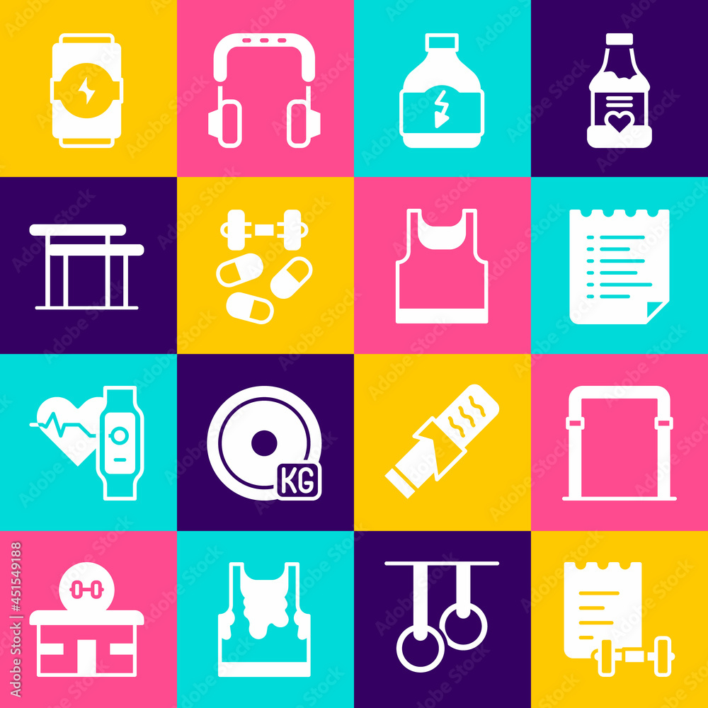 Set Sport training program, horizontal bar, Sports nutrition, doping with dumbbell, Uneven bars, Energy drink and Sleeveless t-shirt icon. Vector Set Sport training program, horizontal bar, Sports nutrition, doping with dumbbell, Uneven bars, Energy drink and Sleeveless t-shirt icon. Vector