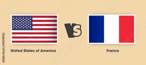 United States of America vs France flags placed side by side. Creative stylish national flags of USA and France with background