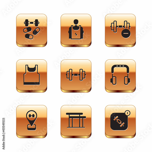 Set Sports doping with dumbbell, Location gym, Uneven bars, Dumbbell, Sleeveless t-shirt, Fitness app and Bodybuilder icon. Vector