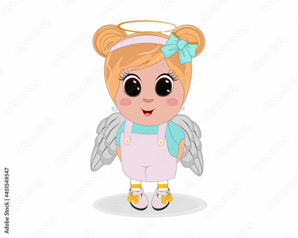 Obraz premium Cute angel happy beautiful baby girl vector illustration. Perfect for greeting cards, party invitations, posters, stickers, pin, scrapbooking, icons.
