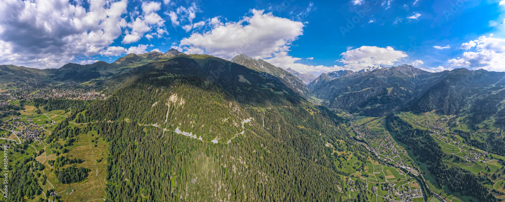 Aerial Panoramic view of Verbier and the surrounding Valley and Mountains