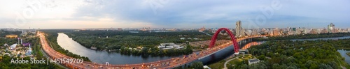Panoramic view of Moscow on a summer evening, Russia. Picturesque region in the north-west of Moscow city. Zhivopisny bridge across the Moscow river.
